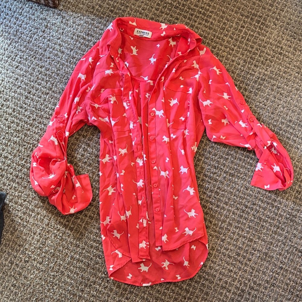 Express Pink Shirt with White Butterfly and Cat Pattern